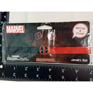 Marvel Deadpool Choker Necklace & Earrings Set Red Ribbon Jewelry NEW NWT